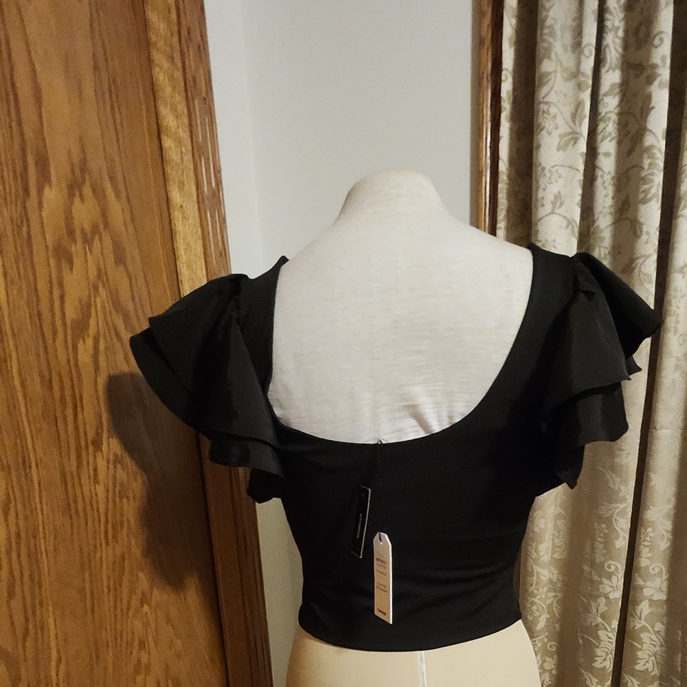 Black Ruffle Sleeve Top Women Med Express Crop Top - Picture 2 of 2
